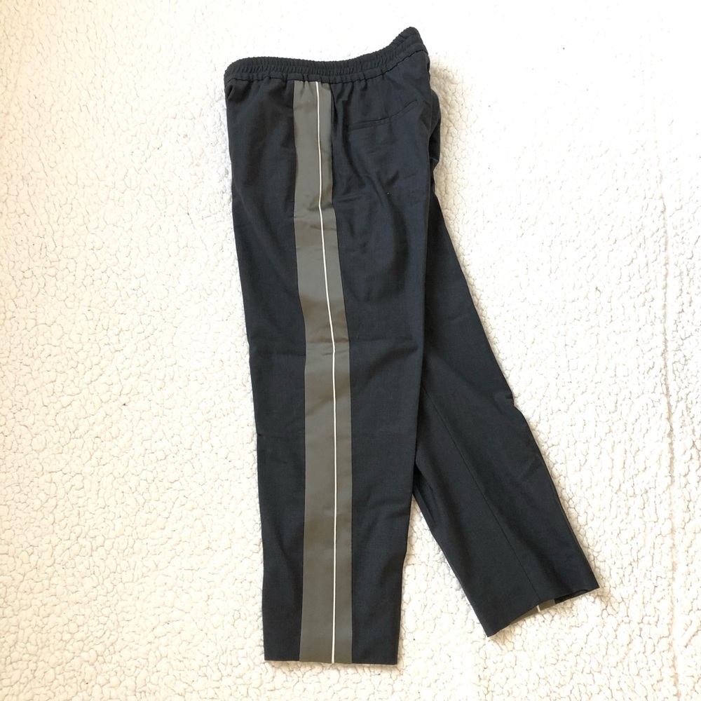 Brunello Cucinelli Wool charcoal black Slip On Pants frost green satin panel US8